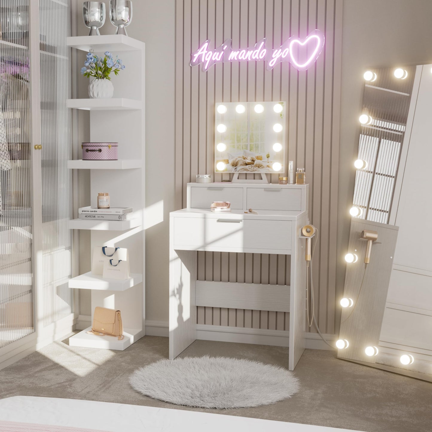 BOLUO White Makeup Vanity Desk with Hollywood Mirror and Lights, Girls Compact Make Up Table with Drawers and Outlet for Bedroom Small Space