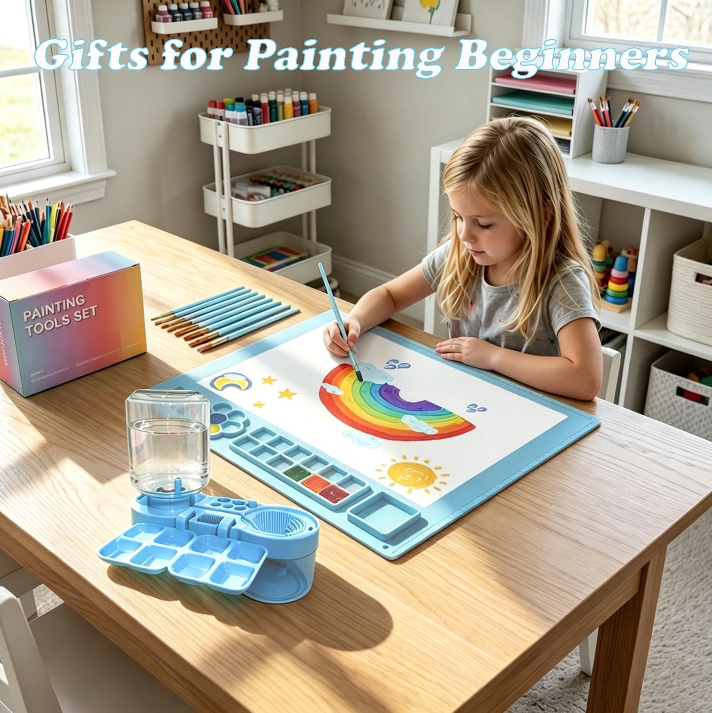 Painting Station, Paint Brush Cleaner (Upgraded) and Silicone Painting Mat 20"X16" with 10 Paint Brushes, Leak Proof Paint Brush Rinser, Gift for Adults Artist Beginners