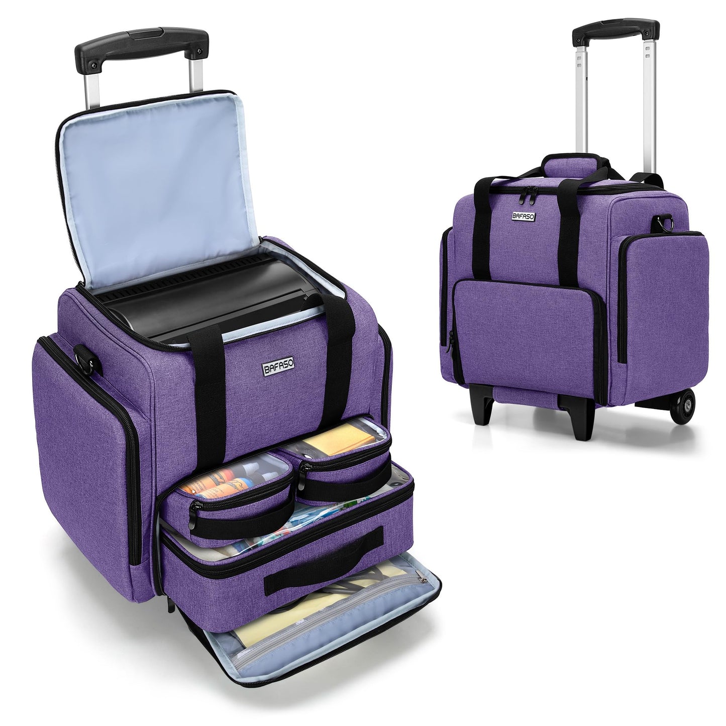 BAFASO Rolling Tattoo Case with 3 Removable Pouches and Detachable Dolly, Tattoo Travel Case for Stencil Printer and Supplies (Patented), Purple