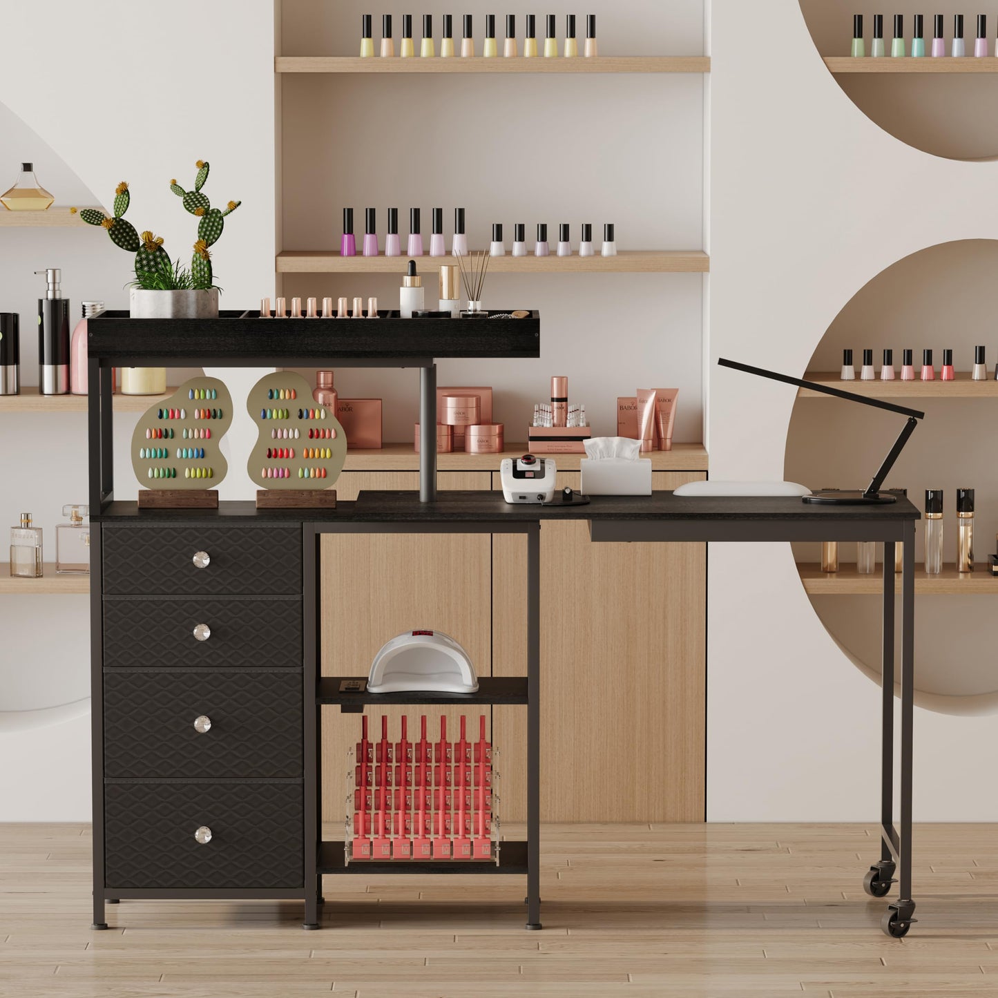 NinPeen L-Shaped Manicure Table with Drawers and Storage Shelves,Rotating Nail Workstation on Wheels with Charging Station,Nail Tablefor Nail Tech,Home,Makeup Beauty Salon (Black)