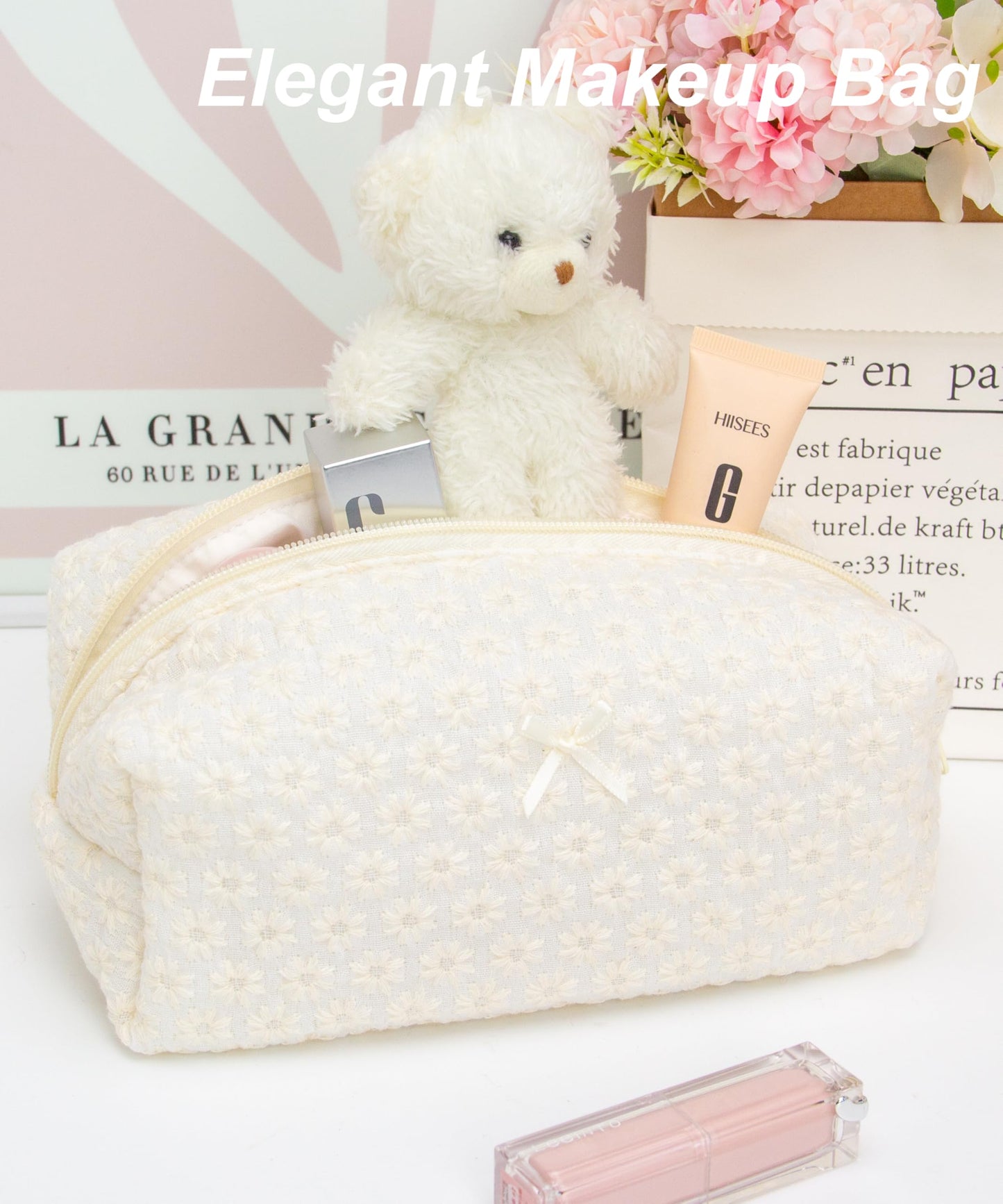 PAZIMIIK 6PCS Cozy Makeup Bag Small Aesthetic Travel Zipper Cosmetic Pouch for Women Make Up Beauty Accessories Brushes,Embroidery Daisy