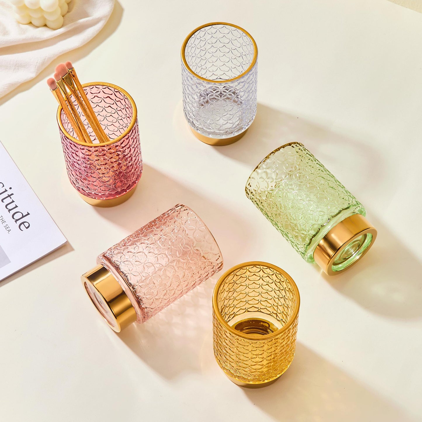 LEICURACE Makeup Brush Holder Organizer,Toothbrush Holders,Desk Pen Pencil Holder,Multifunctional Vintage Glass Brush Cup（A44-4-US）