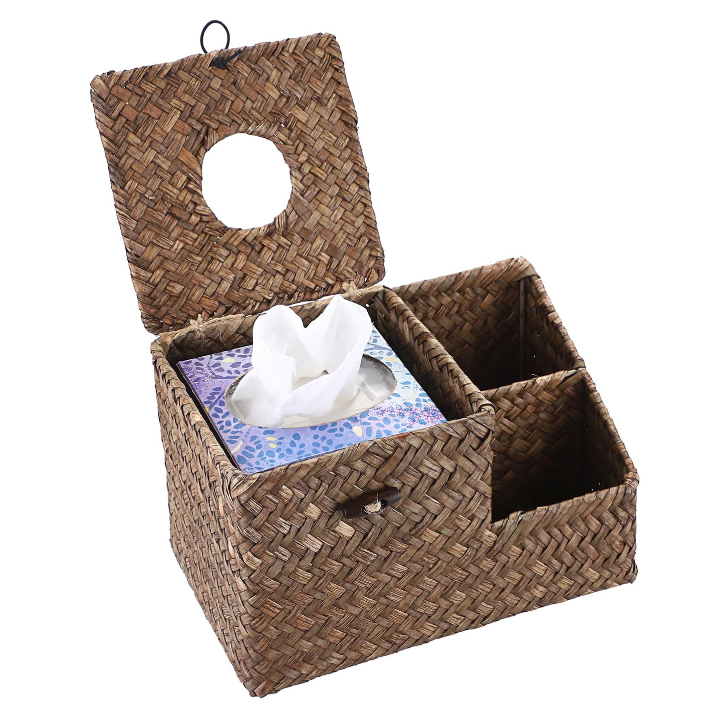 Sumnacon Square Woven Tissue Box Cover - Decorative Cube Tissue Box Holder with Side Organizer, Rustic Seagrass Tissue Box for Living Room Vanity Night Stand Table Countertop Office,Coffee