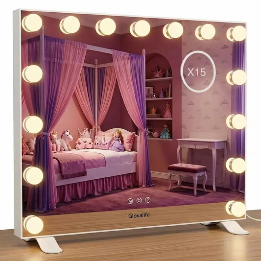 Glovalife Vanity Mirror with Lights, Large Hollywood Lighted Mirror, LED Bulbs with 3 Colors Lighting, USB & USB C Charging Port, Touch Control, Glass Tempered, White 22.8" X 18.1"