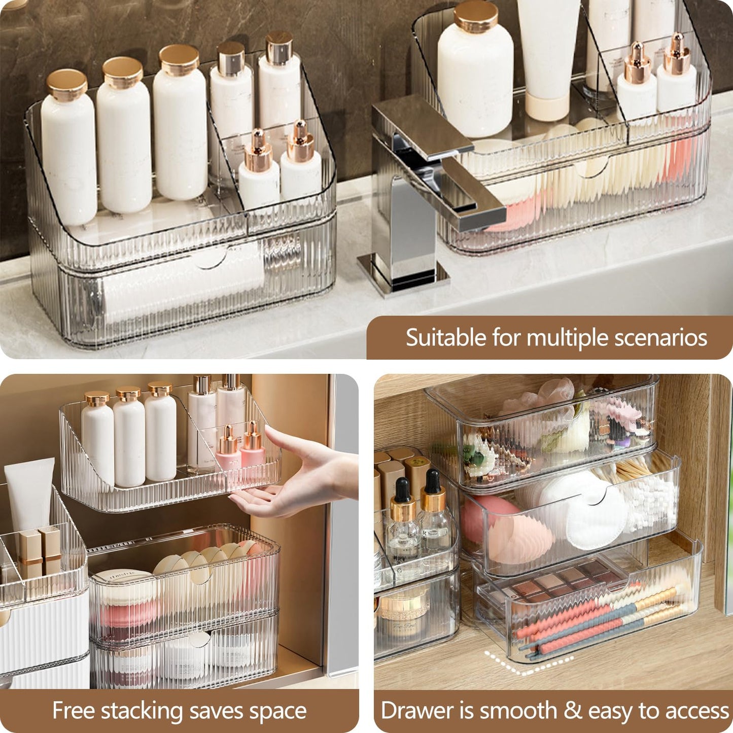 MEAJIO Medicine Cabinet Organizer 3 Tier, Stackable Bathroom Mirror Cabinet Storage，Small Makeup Organizers with 2 Drawer and 1 Tray for Wall Cabinet， Closet， Vanity, Countertop, Clear