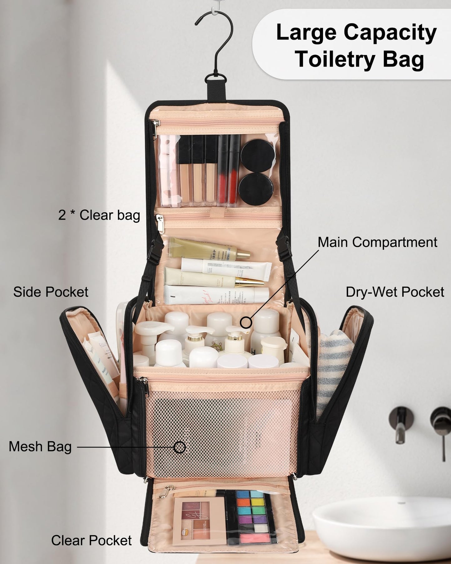 TANTO Hanging Toiletry Bag for Women, Travel Toiletries Bag Water-resistant Large Makeup Cosmetic Organizer with Hook Portable Bathroom Bag for Full-size Bottles,Travel Essentials (Black,Large)
