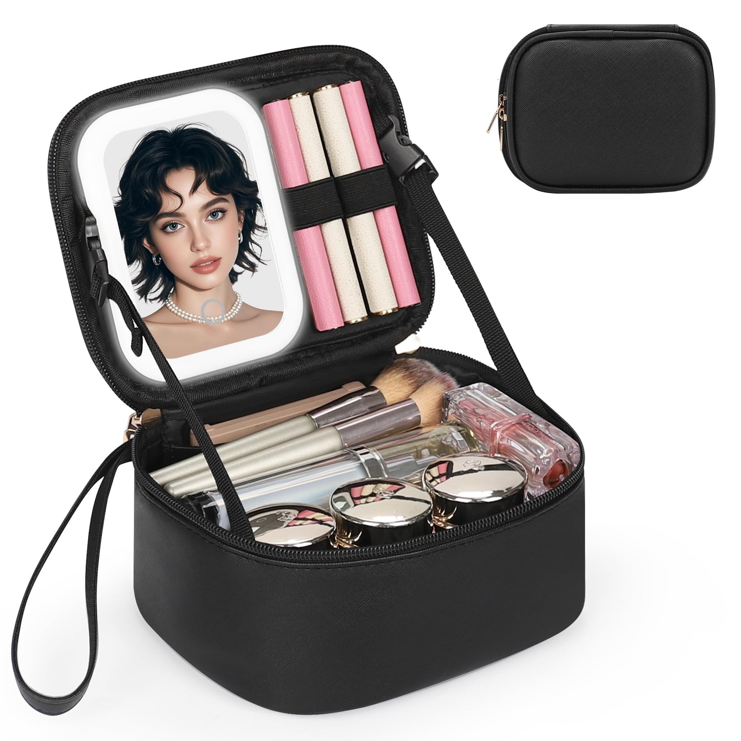 Relavel Small Makeup Bag with Led Mirror, Travel Cosmetic Case with 3 Light Modes and Adjustable Brightness, Foldable Makeup Pouch with Toiletries for Daily Use丨Work Touch-Ups丨Camping - Black