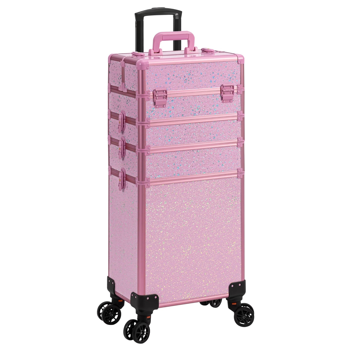 AROUS Rolling Makeup Train Case Large Storage Cosmetic Trolley 5 in 1 Large Capacity Trolley Makeup Travel Case with Key Swivel Wheels Salon Barber Case Traveling Cart Trunk, Pink
