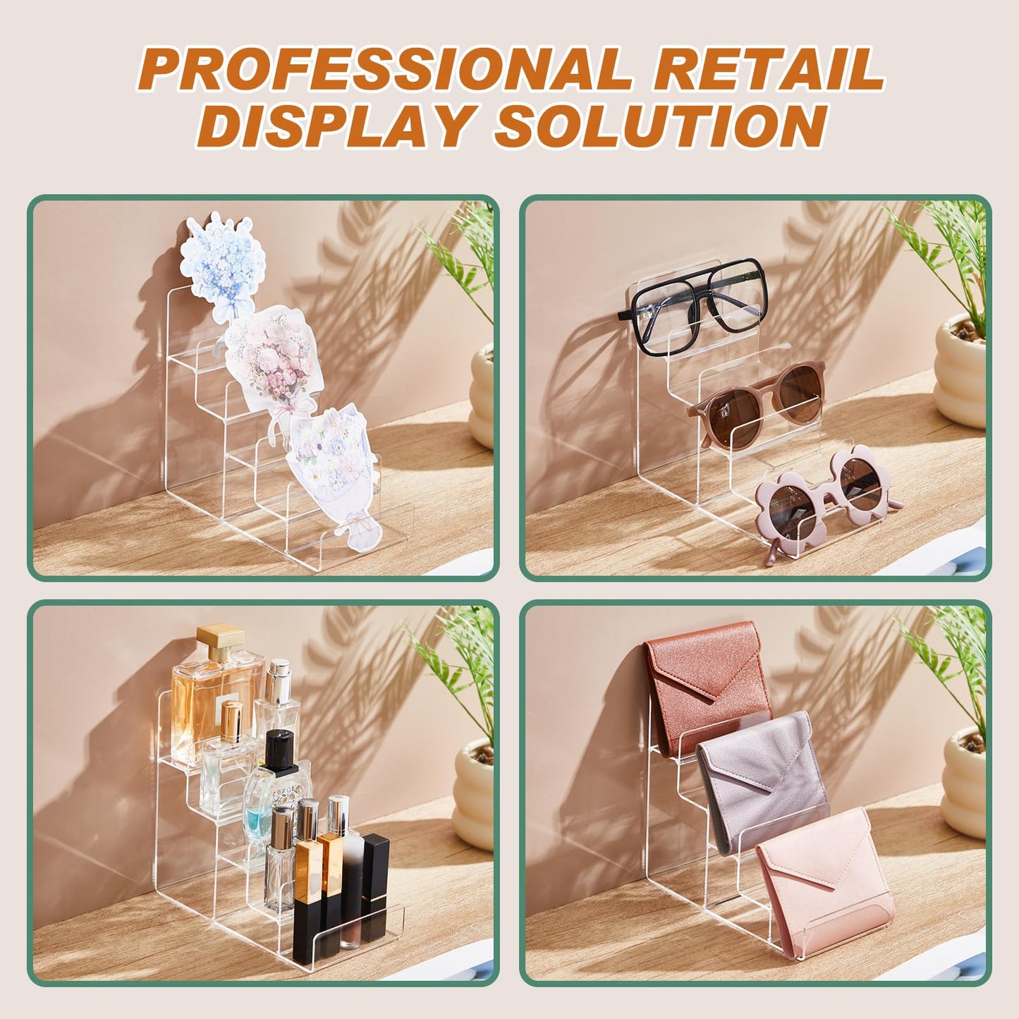 Kathfly 2 Pack 5-tier Acrylic Display Stand for Purses & Wallets, Clear Riser Organizer Shelf for Perfume, Sunglasses, Cosmetics, Tiered Countertop Vendor Display for Fairs, Retail