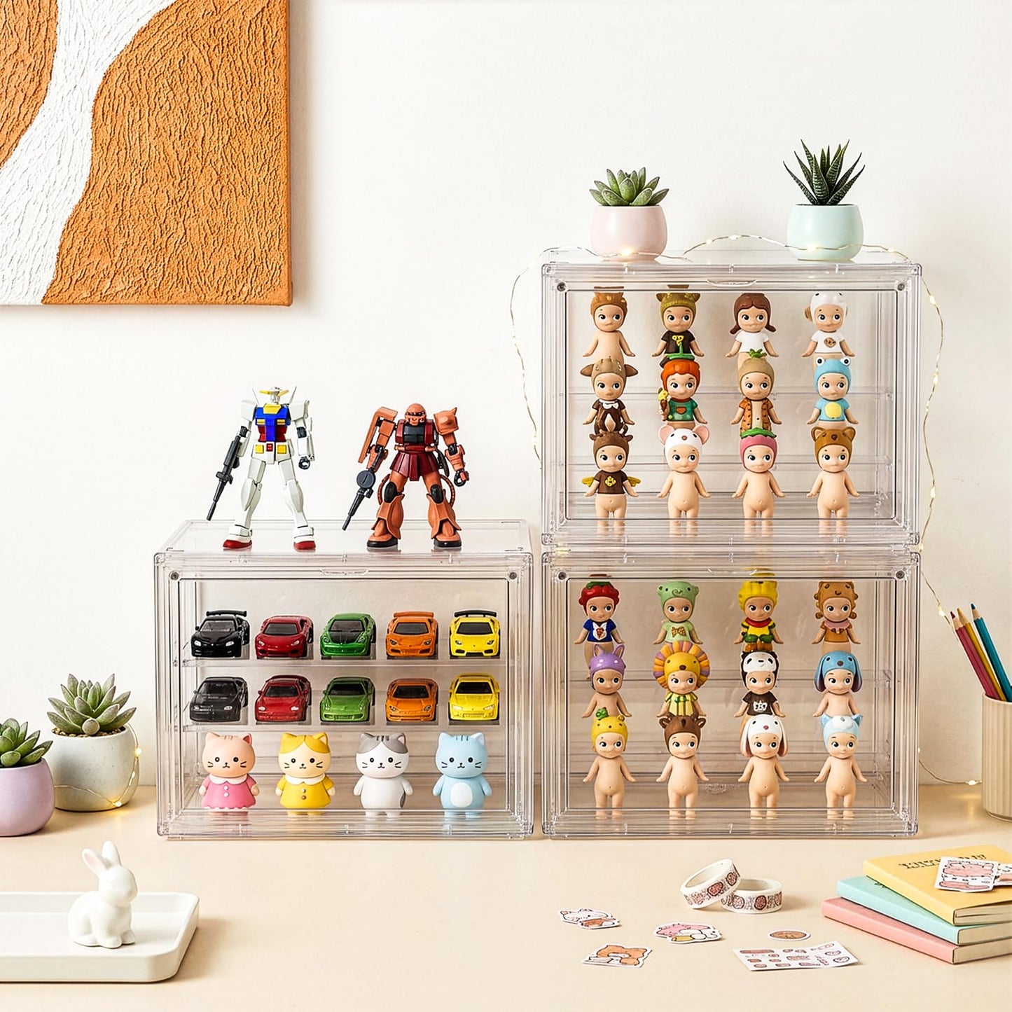 YIMITEE 2 Pack Clear Acrylic Display Case, 3 Tier Small Adjustable Display Box, Collectible Showcase with Magnetic Door, Figure Storage Shelf, Stackable Purse Organizer for Closet, Book, Cosmetic