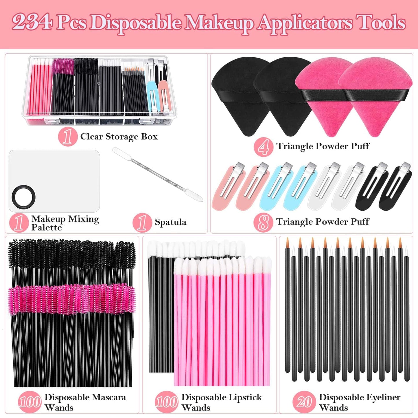 Disposable Applicators Kit With Makeup Puff, Mixing Palette, Artist Supplies, Accessories, Mascara Wands, Lip Brushes, Hair Clips, Powder Puffs for Face With Storage Box