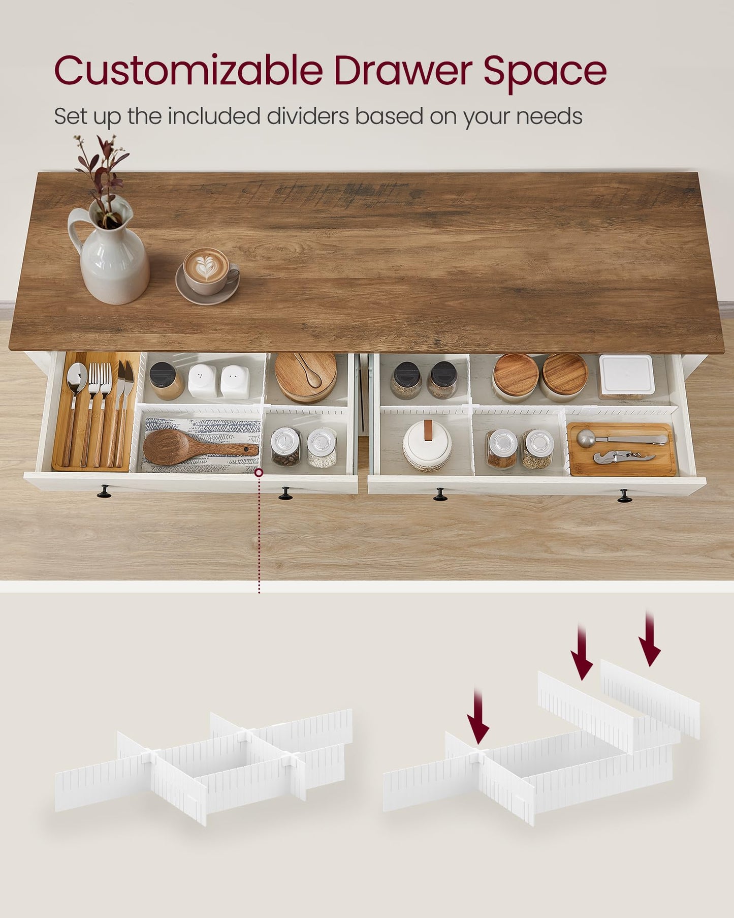 VASAGLE LIRY Collection - Buffet Cabinet, Coffee Bar Cabinet with 2 Drawers, Adjustable Shelves, Sideboard Storage with Cable Holes, Drawer Dividers, Rustic White and Honey Brown UBBK381WJ01S