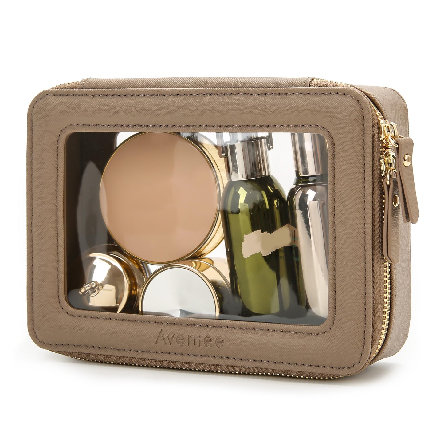 Aveniee Clear Makeup Bag for Women, Small Toiletry Travel Bag with Zipper, Portable Cosmetic Organizer Pouch for Skincare, Car Organizer Storage Bag for Essentials, Taupe,Medium Classic