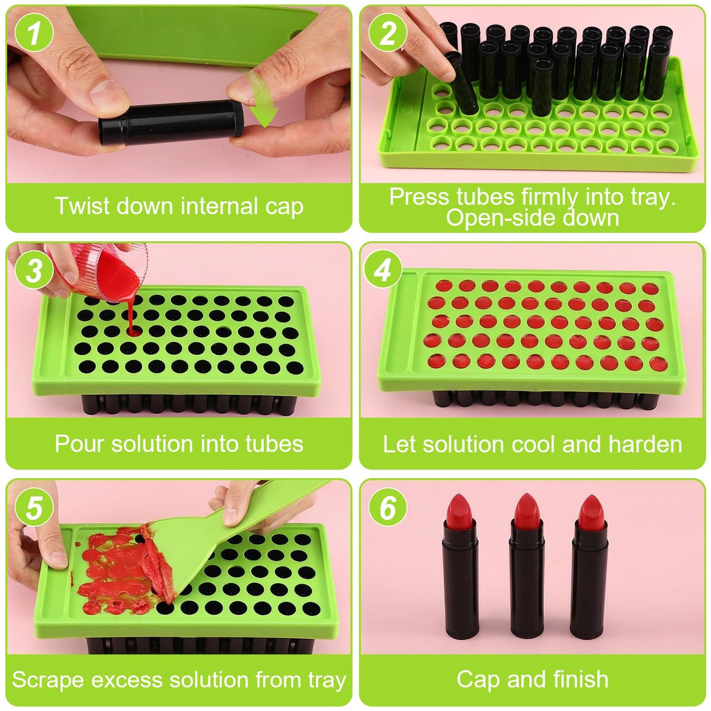 Kenaeooe 100 Pack 5ml Black and Green Lip Balm Containers with Filling Tray and Spatula Empty Chapstick Tubes Diy Kit for Homemade Lip Balm and Lipstick