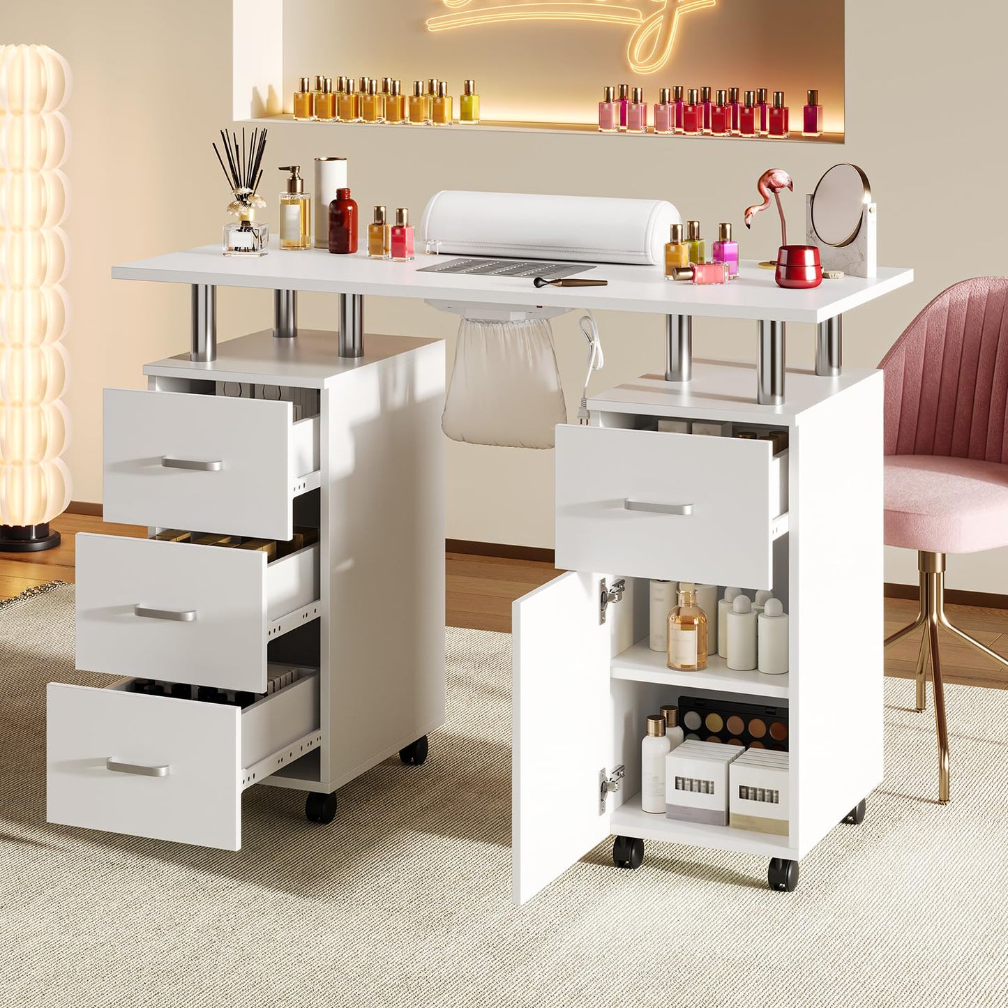 GAOMON Manicure Table with Dust Collector and Hand Rest for Makeup Beauty Spa Salon Station - Nail Desk for Nail Tech with Storage Cabinets Arm Rest, 4 Drawers and Lockable Wheels
