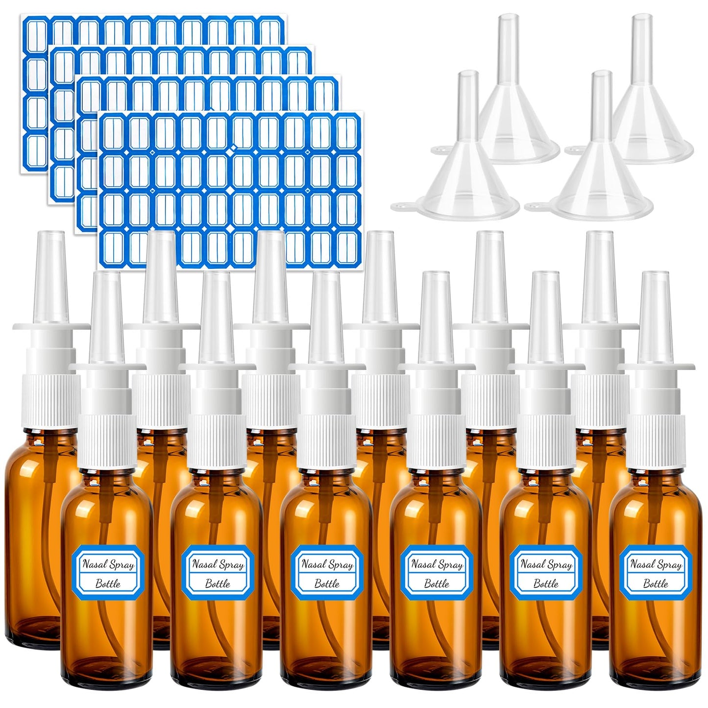 ZHWKMYP 20 Pcs Nasal Spray Bottle, 30ML/1oz 12 Pcs Empty Refillable Fine Mist Glass Nasal Spray Bottle with 4 Funnels and 4 Labels…