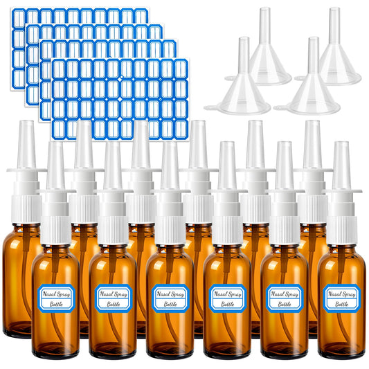 ZHWKMYP 20 Pcs Nasal Spray Bottle, 30ML/1oz 12 Pcs Empty Refillable Fine Mist Glass Nasal Spray Bottle with 4 Funnels and 4 Labels…
