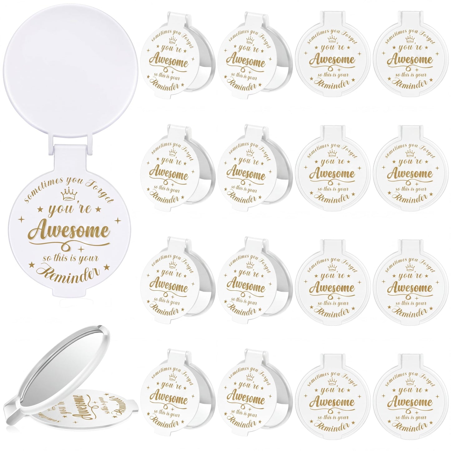 Gulfmew 18 Pcs 2.76 Inch Inspirational Compact Mirror Bulk Women Small Gifts Graduation Mothers Day Party Favors Purse Mirror Pocket Mini Items for Adult Coworker Cheerleader Swag Bag (White)