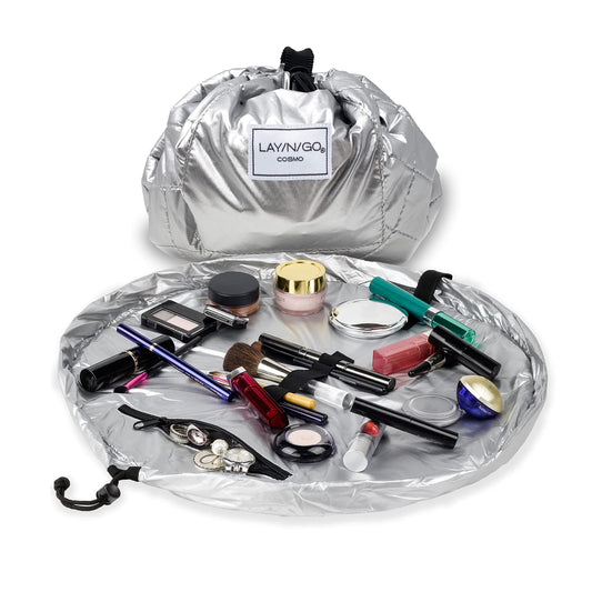 Lay-n-Go Cosmo Layflat Drawstring Cosmetic & Makeup Bag Organizer - Portable Drawstring Makeup Bag w/Zipper Pocket, Makeup Loops & More -Durable, Machine Washable Toiletry Bag (20", Metallic Silver)