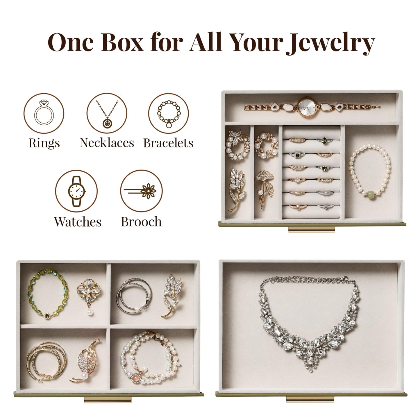 Jewelry Box Organizer Case for Women: 3-Layer Jewelry Storage Case with Glass Window, Olive Green Leather with Cream Velvet, Holder for Ring Necklace Bracelet Brooch Watch, Great Gift for Her