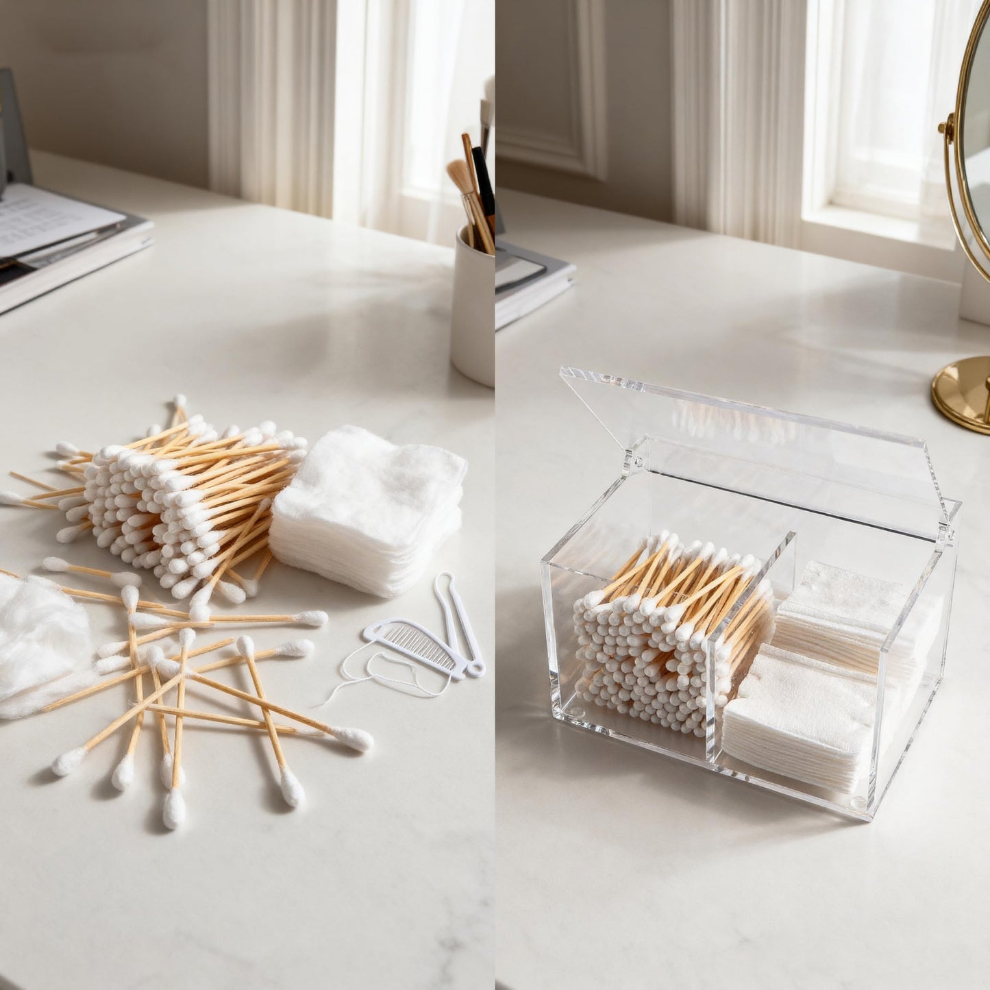 Dealpoli Clear Acrylic Cotton Swab Ball Holder Qtip Organizer with Lid 2-Grid Canister for Make Up Pads, Floss Picks, Vanity Storage,Bath Salts, Cosmetics, Home Bathroom Decor (DP004)