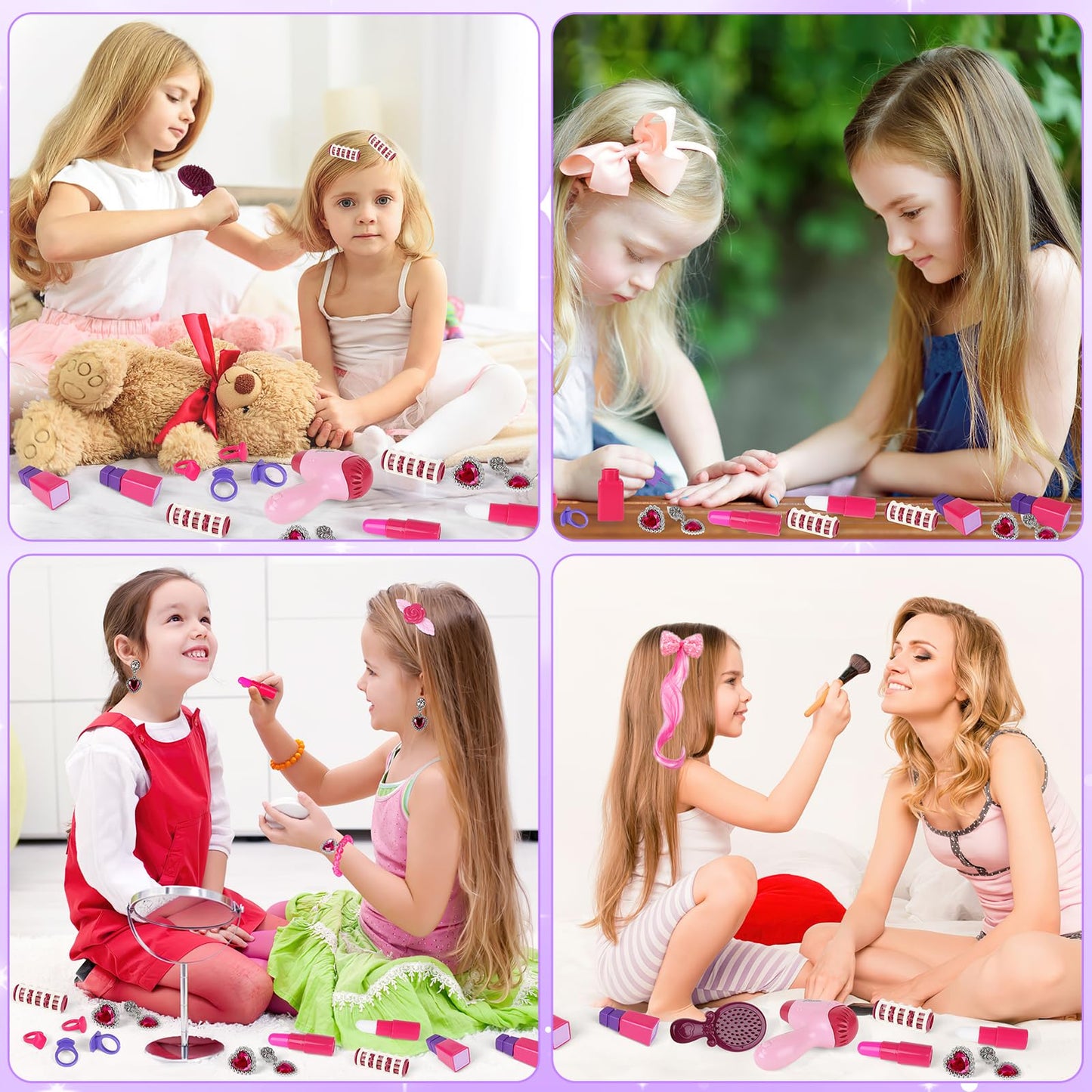 deAO Kids Vanity Table and Chair Set with Mirror and Chair, Toddler Vanity with Light & Music, Pretend Play Makeup & Hair Dryer Toy, Beauty Salon Gift for Girls Ages 3-5