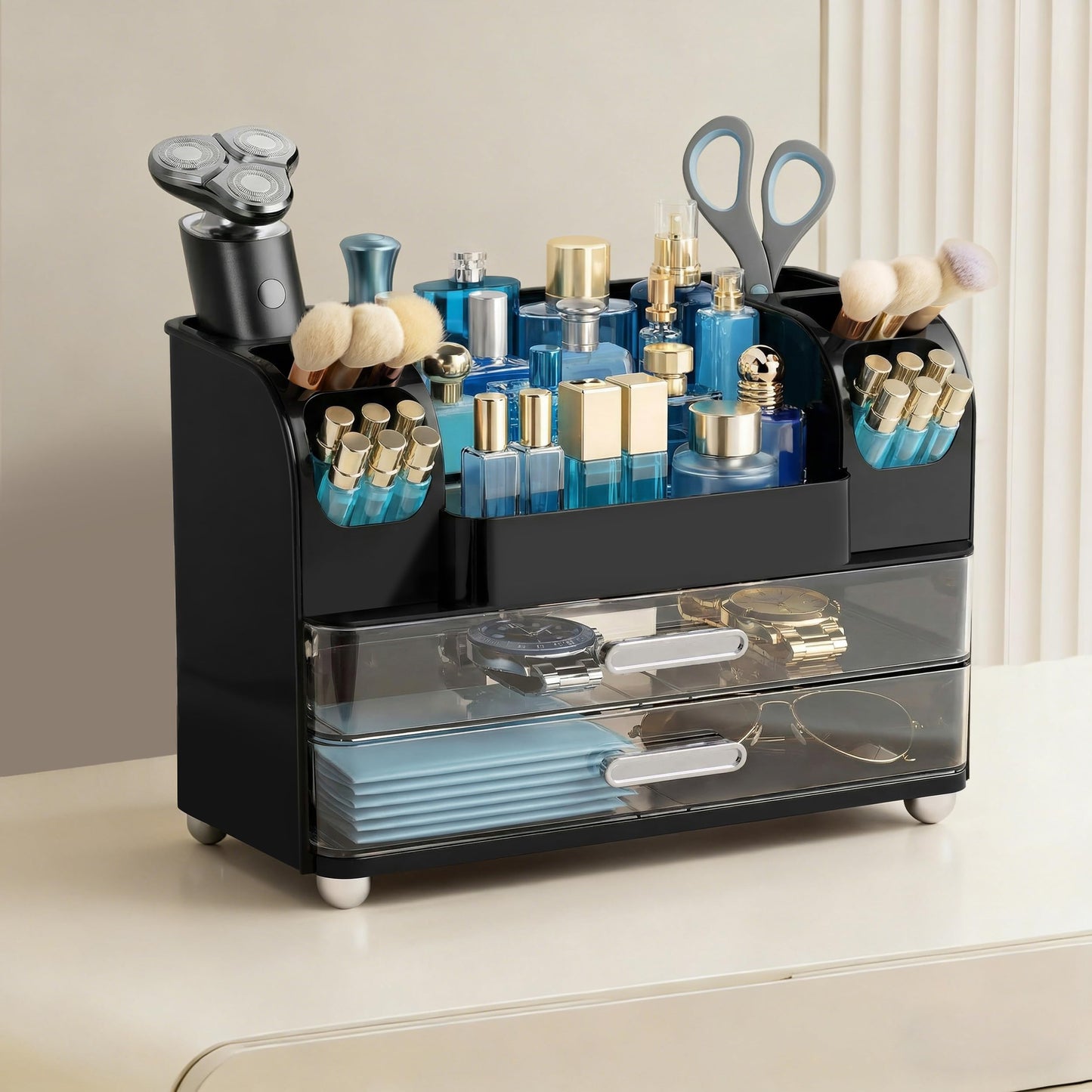 HBlife Makeup Organizer for Vanity with Brush Holder, Cologne Organizer for Men, Large Bathroom Countertop Cosmetic Organizer Skin Care Storage, Easy to Store Lipsticks, Nail Polishes, Perfumes, Black