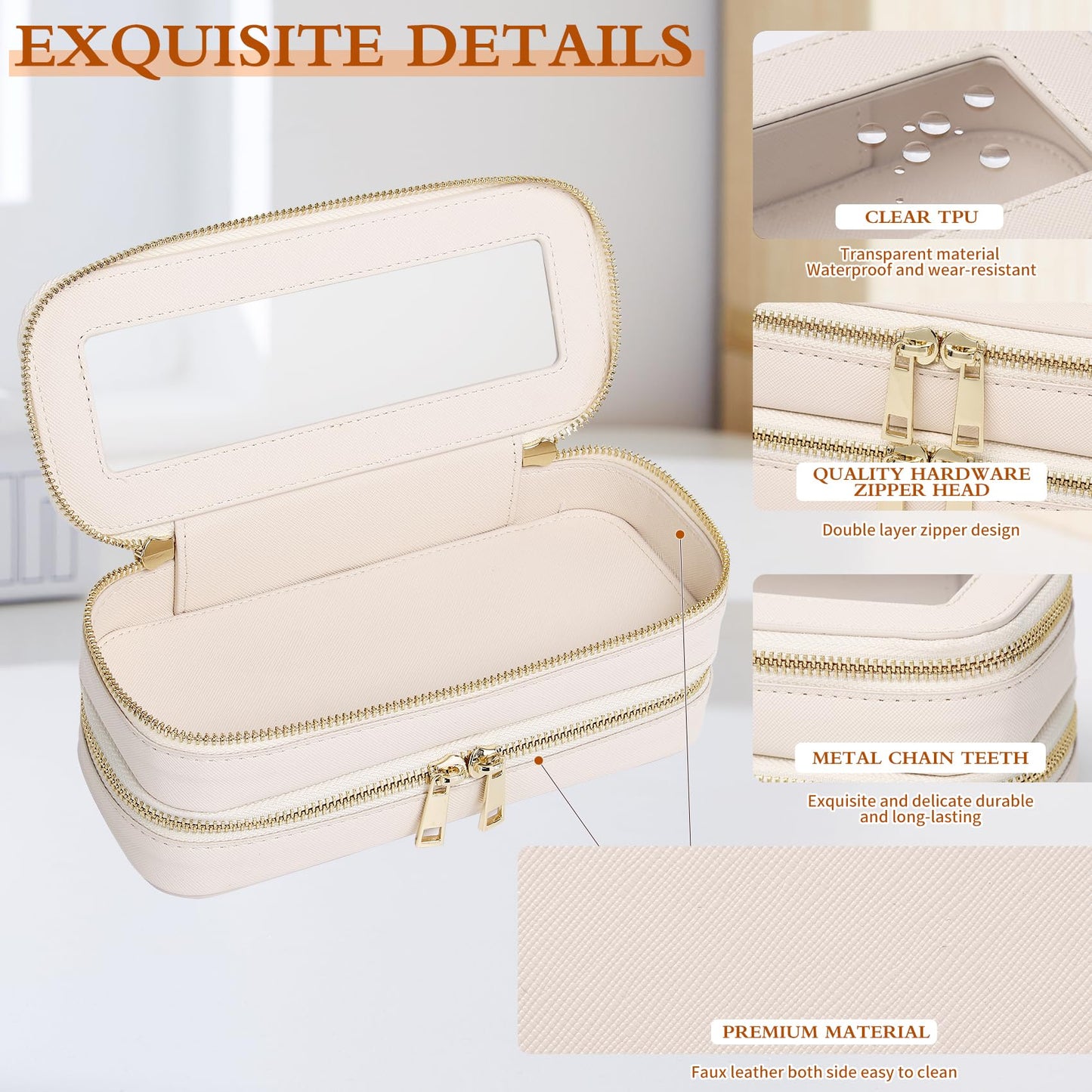 LOFOWN Double Layer Makeup Bag Makeup Brush Case Waterproof Travel Cosmetic & Toiletry Bag Purse Organizer and Car Essentials for Women (Beige, 2-Layer SLIM)