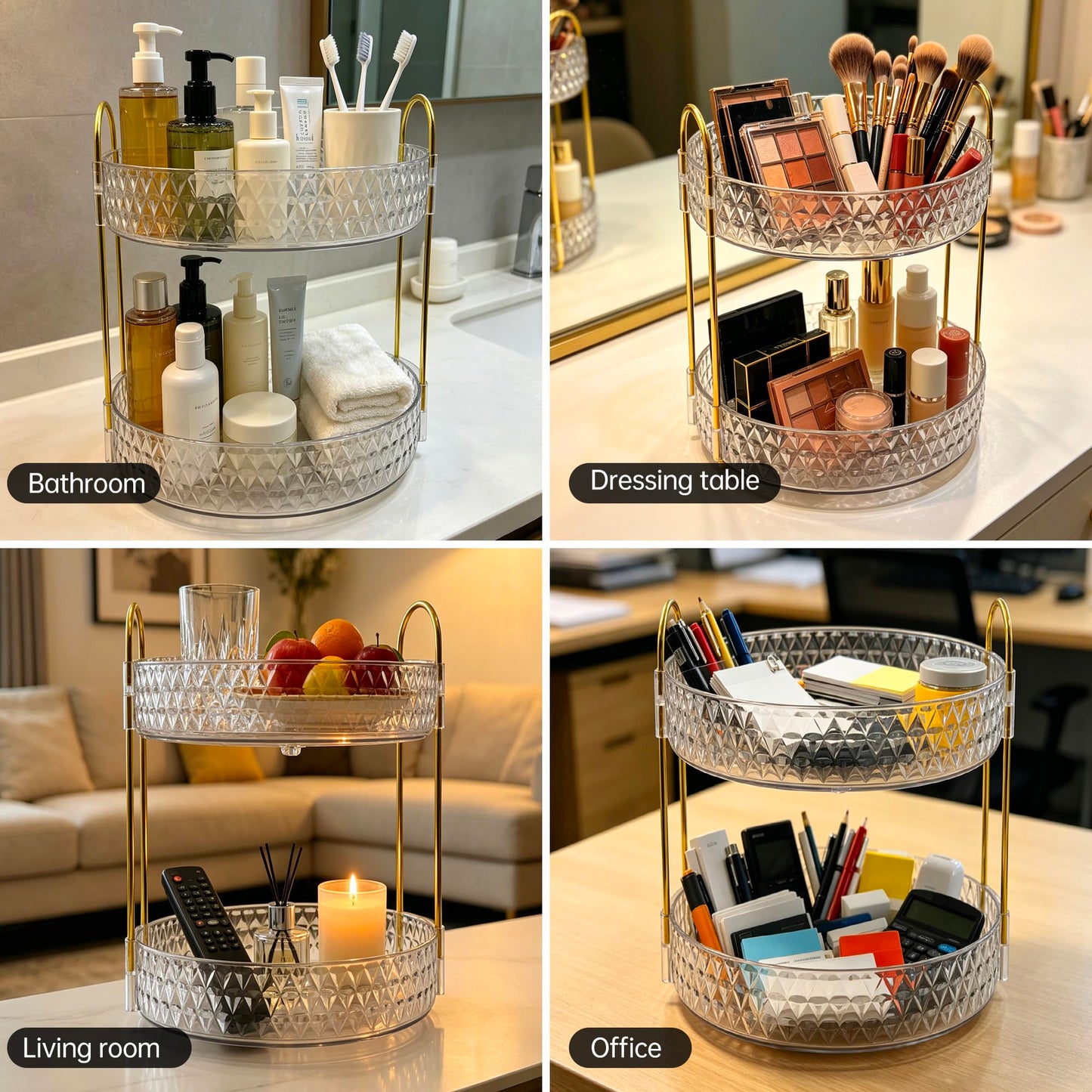 360° Rotating Acrylic Storage Rack, 2-Tier Large Capacity Makeup Organizer for Bathroom Countertop & Vanity, Clear Cosmetic Holder for Skincare, Perfume & Beauty Essentials