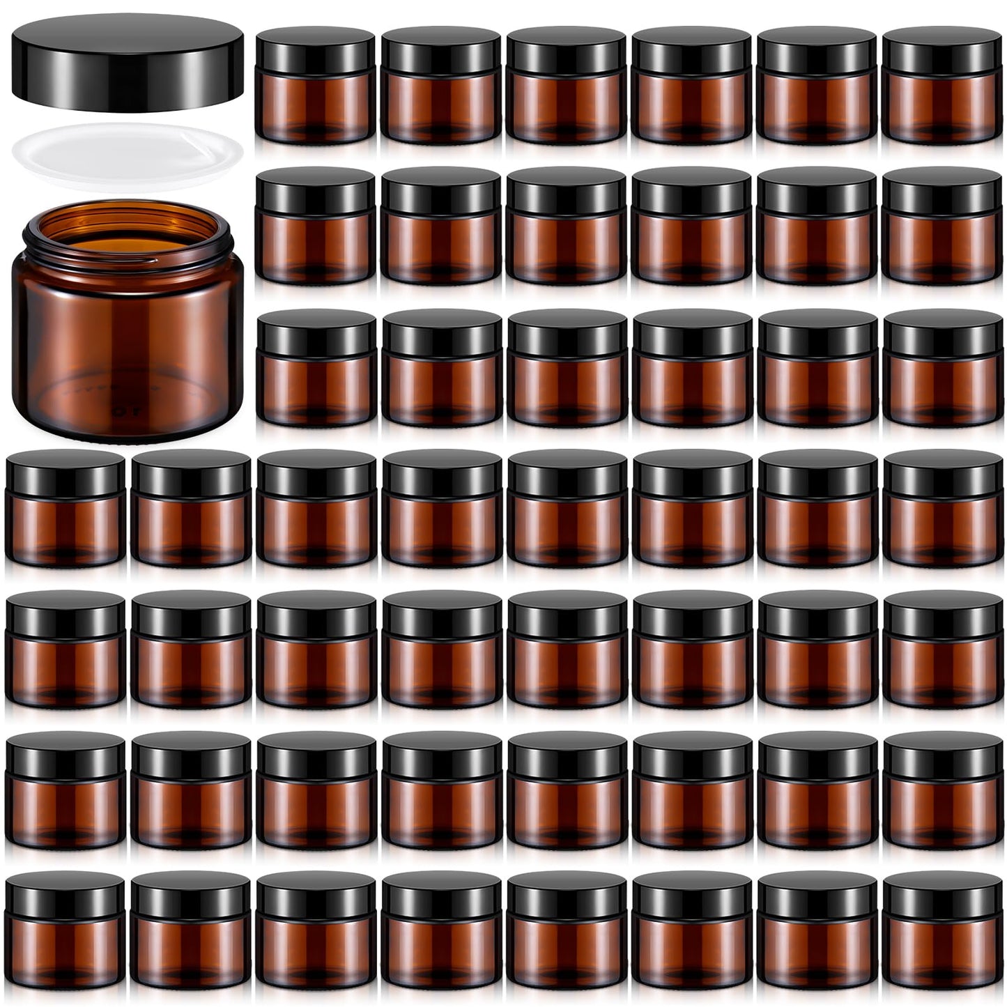 Domensi 48 Pcs 2 oz Glass Jars with Lids Small Glass Jars with Lids Round Leakproof Airtight Empty Cosmetic Travel Containers with Inner Liners Lid for Makeup Lotions Cream Ointments (Amber)