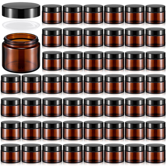 Domensi 48 Pcs 2 oz Glass Jars with Lids Small Glass Jars with Lids Round Leakproof Airtight Empty Cosmetic Travel Containers with Inner Liners Lid for Makeup Lotions Cream Ointments (Amber)