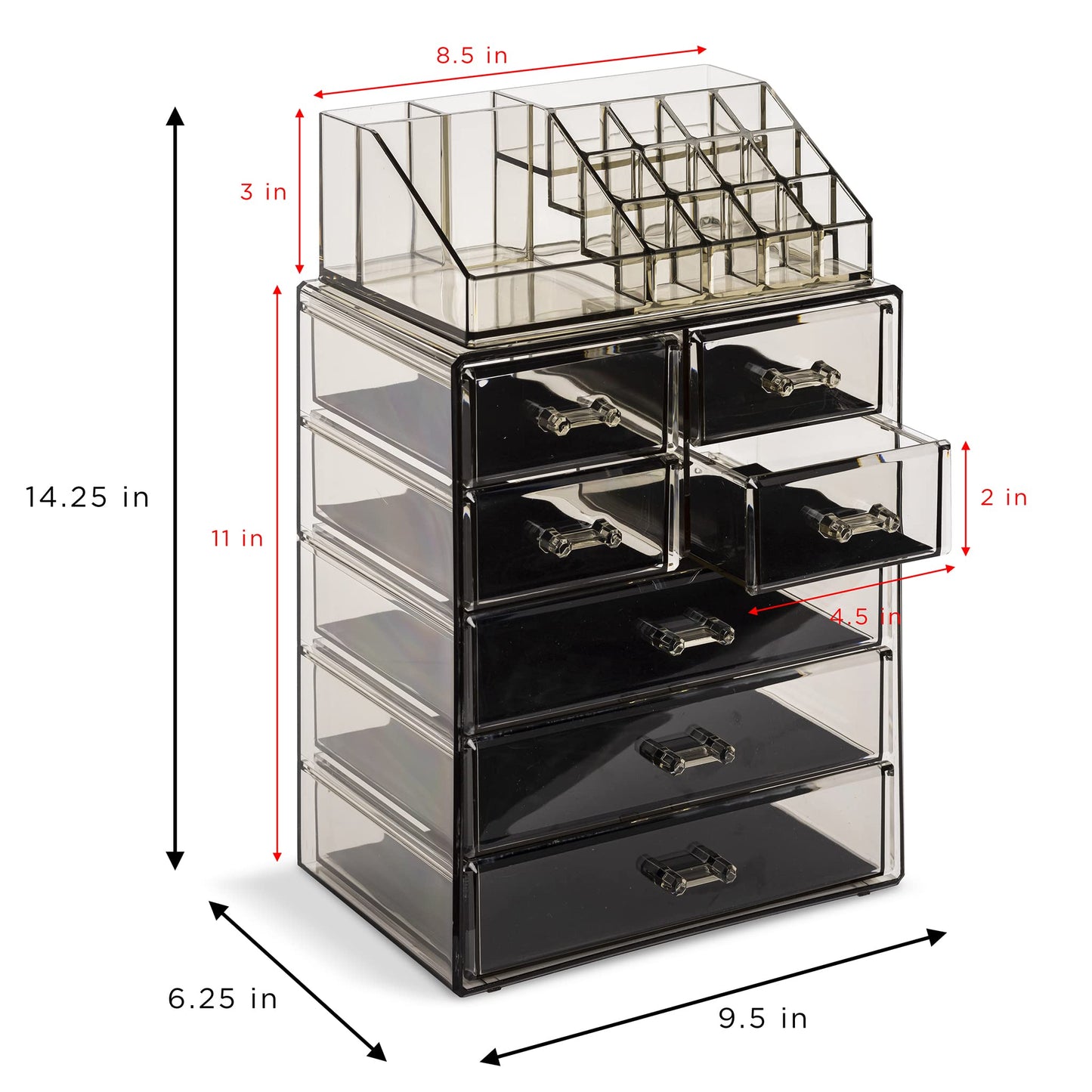 Sorbus Acrylic Makeup Organizer Set, 7-Drawer Vanity & Countertop Cosmetic Storage with Small & Wide Compartments, Black-Tint Makeup Storage for Brushes, Jewelry – Holiday Gift for Women & Teens
