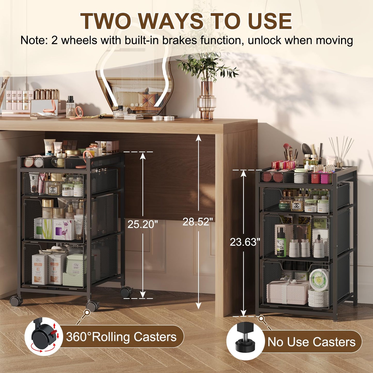 JKsmart Rolling Makeup Cart Organizer with 3 Drawers, Cosmetics Display with Dividers, Floor Skincare Storage with Wheels, Versatile Vanity Organizer for Nail Polish Perfume Brush Hair Tool, Black