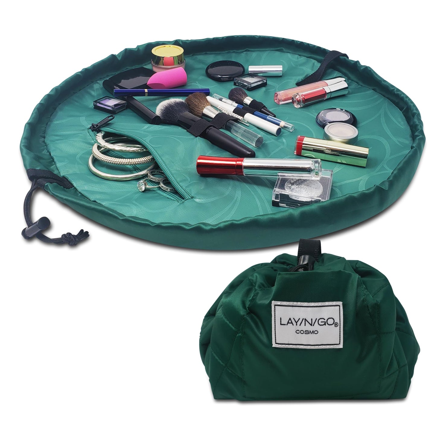 Lay-n-Go Cosmo Lay Flat Drawstring Cosmetic & Makeup Bag Organizer - Zipper Pocket, Brush Loops & More - Durable, Machine Washable Toiletry Carrier for Travel, Cinch Closure, Gift (20", Evergreen)