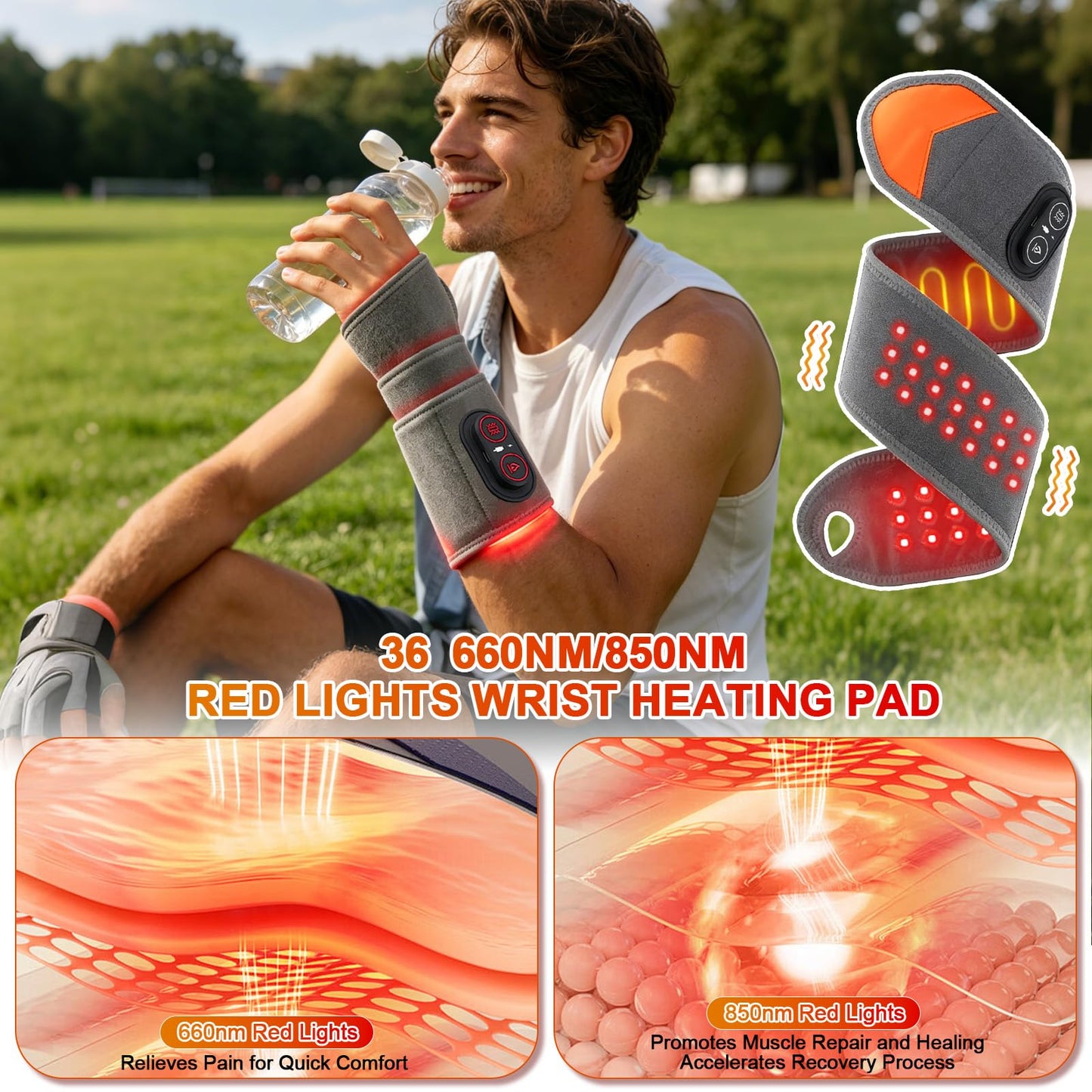 Red Light Therapy for Wrist,Portable 660nm/850nm 36 Red Light Beads Red Light Therapy for Hands with Three-Level Light Adjustment Function and Vibration Massage Effect,Therawrap for Carpal Tunnel
