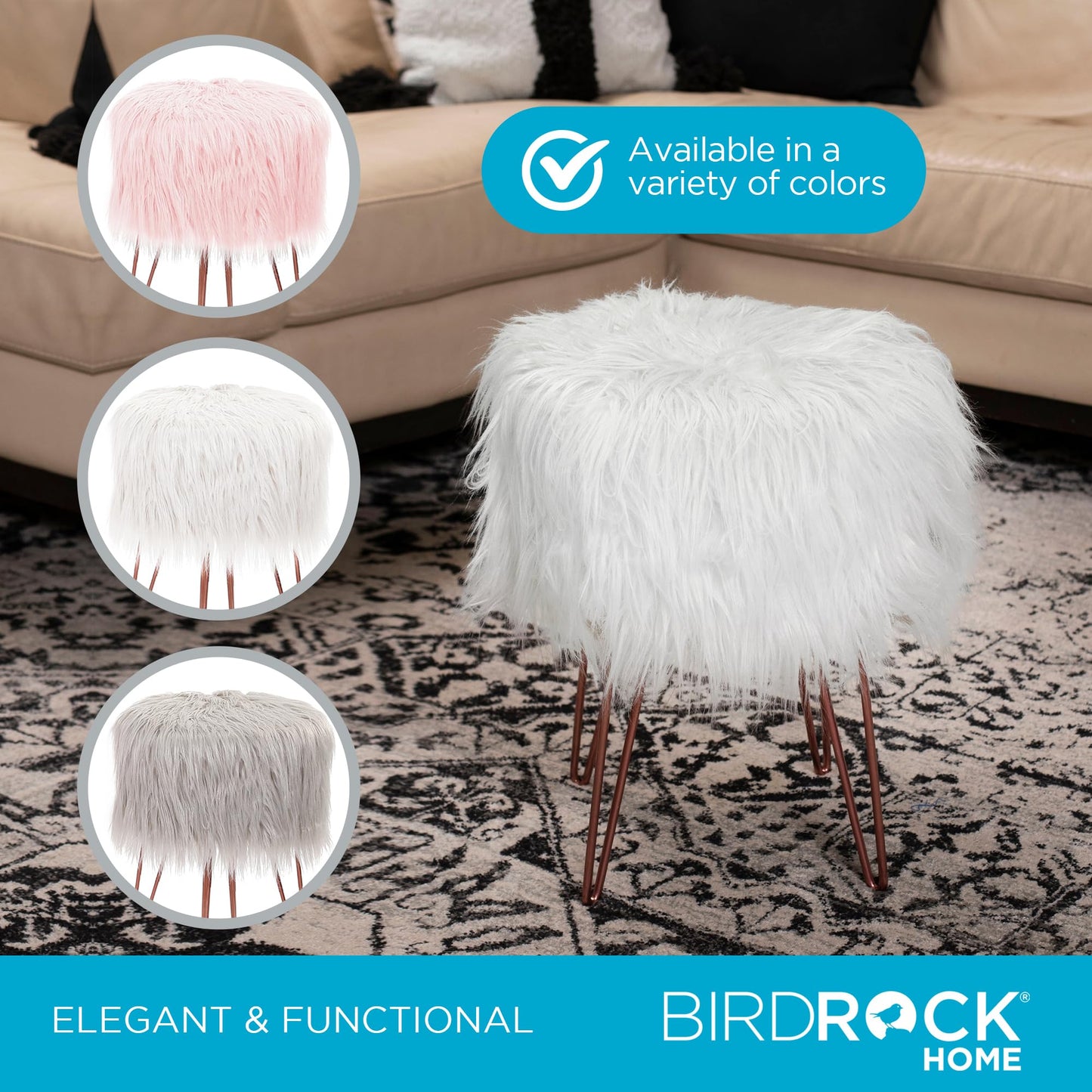 BIRDROCK HOME White Faux Fur Vanity Stool Chair - Soft Furry Compact Padded Seat - Vanity, Living Room, Bedroom and Kids Room Chairs - Hair Pin Metal Legs Upholstered Decorative Furniture Foot Rest