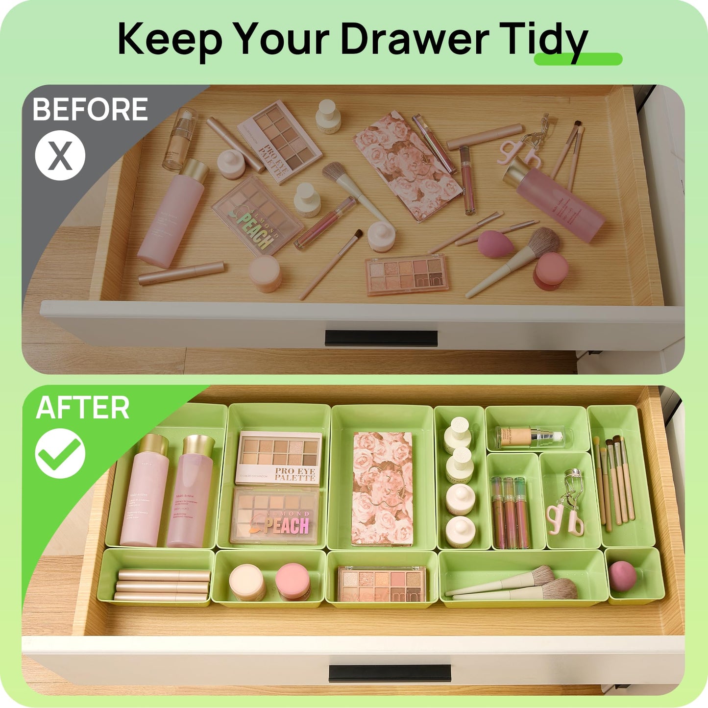 Vtopmart 25 PCS Plastic Drawer Organizers Set, 4-Size Versatile Bathroom and Vanity Drawer Organizer Trays, Storage Bins for Makeup, Bedroom, Kitchen Gadgets Utensils and Office, Light Green