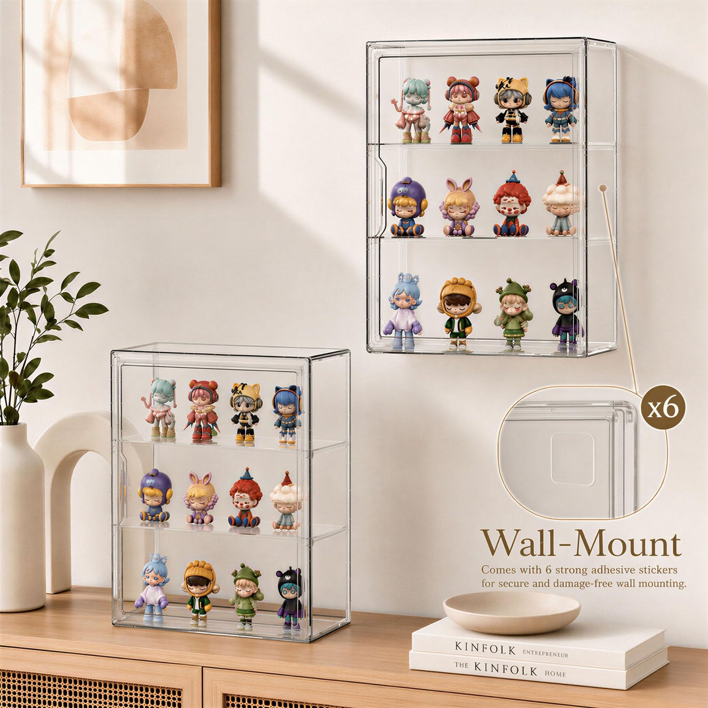 Attelite Acrylic Display Cases for Collectibles, 4 Pack 3 Layer Clear Display Case with Magnetic Door,Dustproof Clear Showcase with 2 Adjustable Divider Storage Box for Action Figure