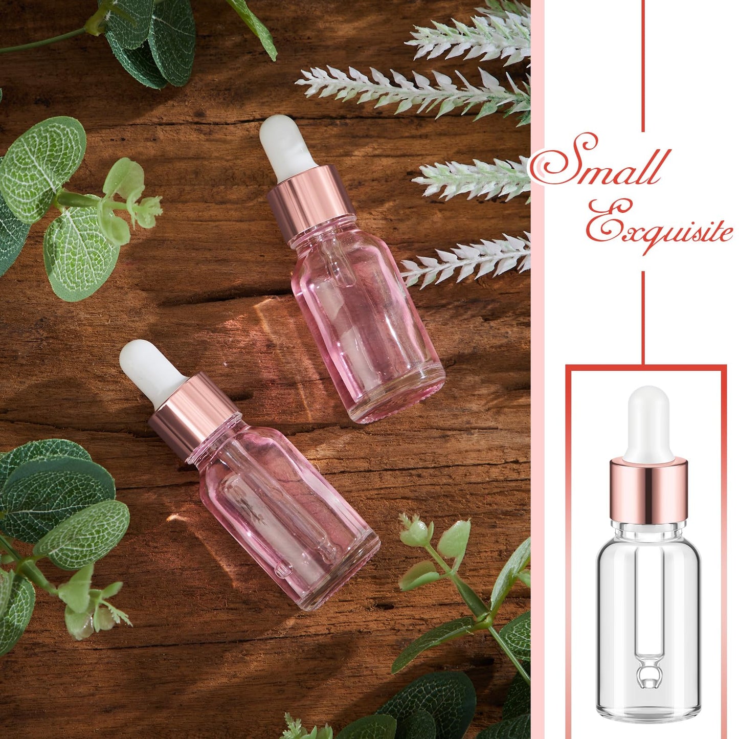 Didaey 200 Pcs 15 ml Mini Glass Oil Dropper Bottle Bulk, Clear Essential Small Empty Bottles Sample Containers Perfume Liquid Vials with Cap for Traveling (Rose Gold)