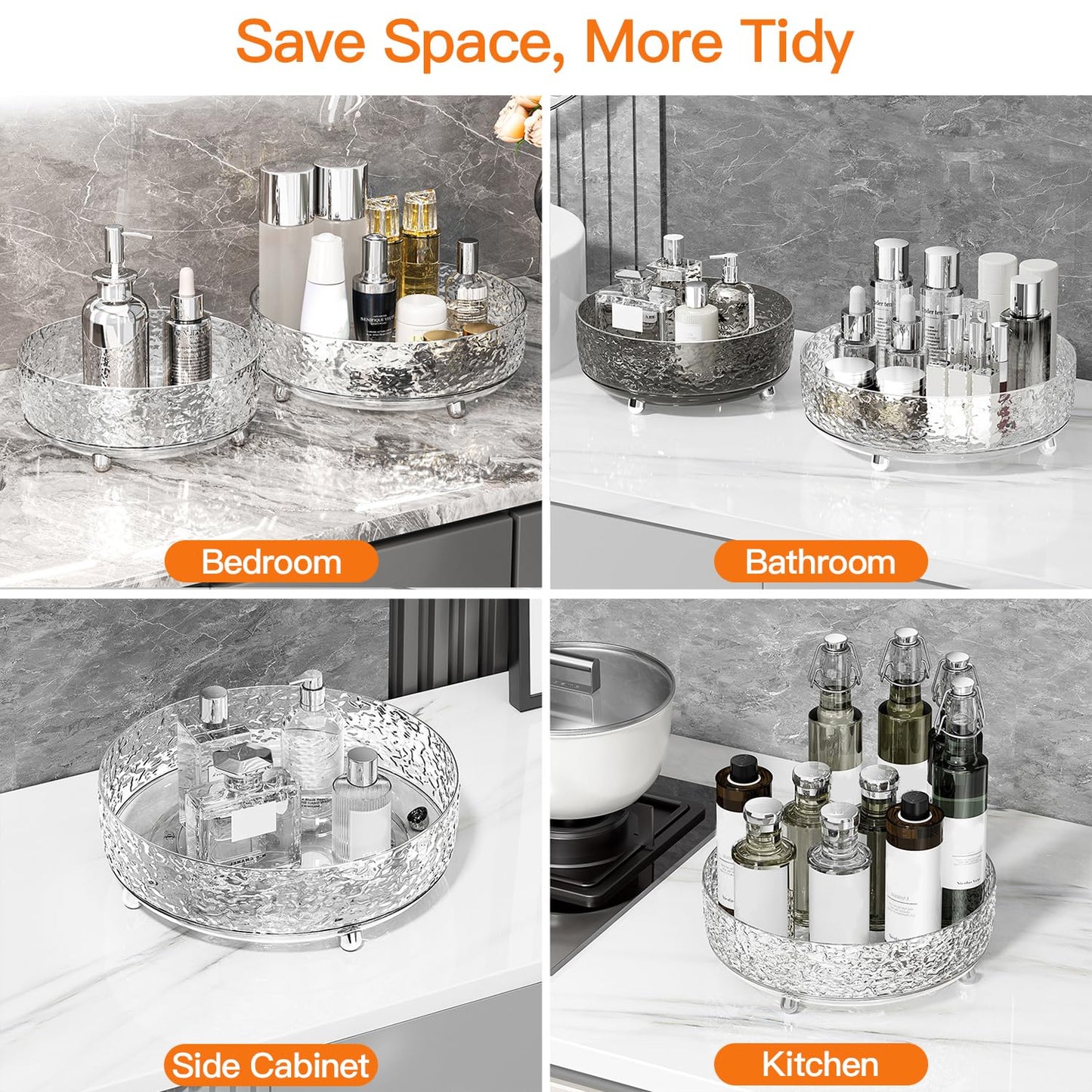 JUPITER WARRIOR 360 Rotating Makeup Organizer, Cosmetics Lazy Susan Spinning Skincare Storage for Vanity, Turntable Perfume Trays for Dresser Bathroom Countertop and Kitchen (Clear)