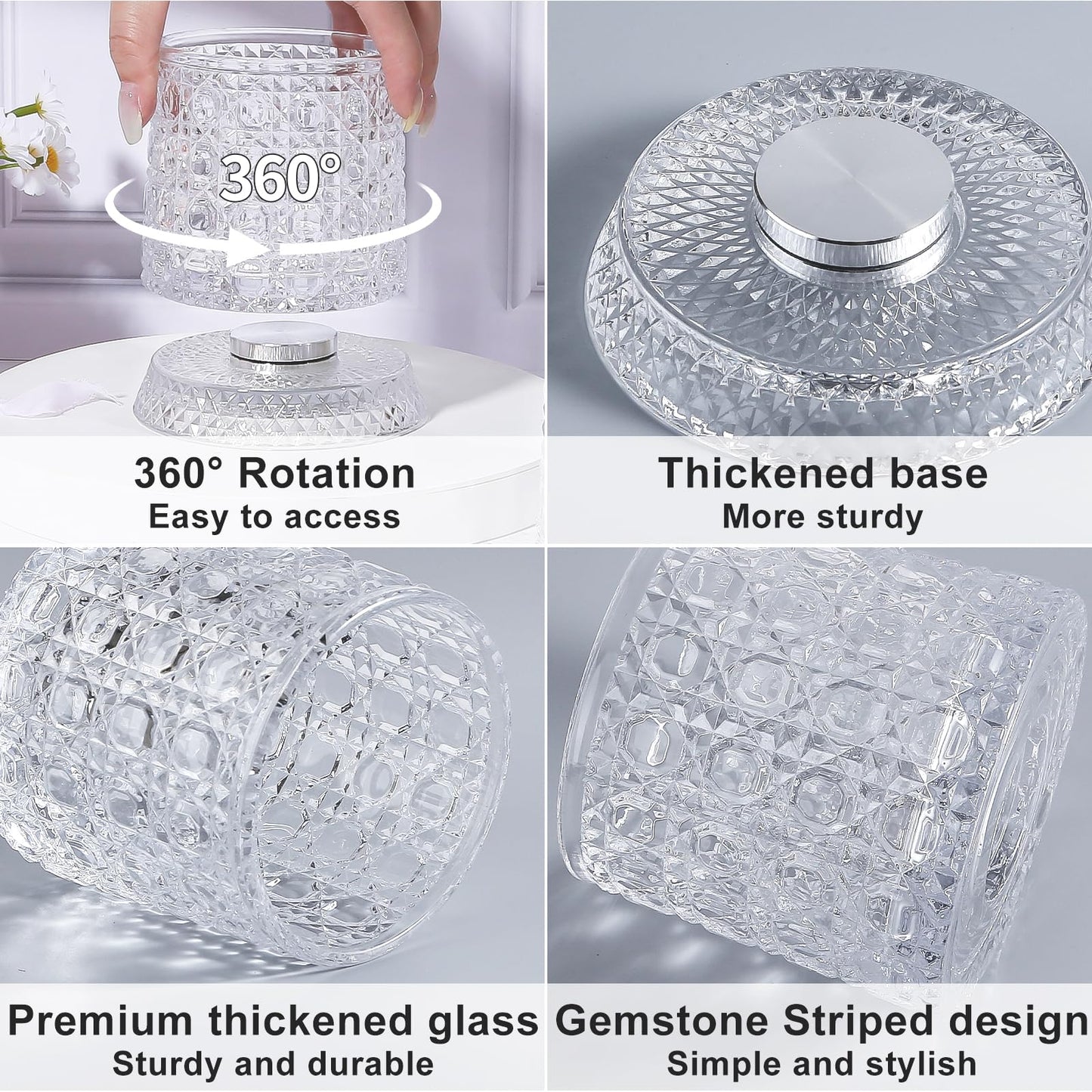 DASITON Makeup Brush Holder Organizer, Crystal Cosmetic Brushes Storage Holder Glass Makeup Organizer, 360° Rotating Make Up Brush Cup for Vanity, Dresser, Bathroom, Pen Pencil Holder for Desk (Clear)