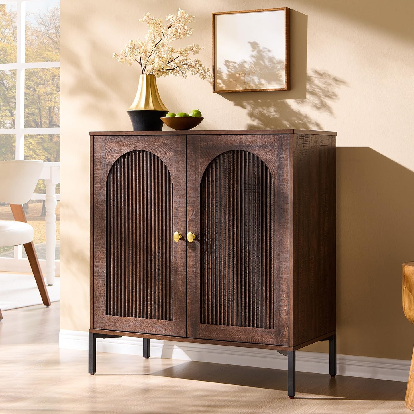 IFGET Modern Buffet Cabinet with Storage, 34" Tall Fluted Arched Sideboard Cabinet w/Adjustable Shelves, Wooden Modular Coffee Bar for Dining Room, Kitchen, Living Room, Entryway, Brown