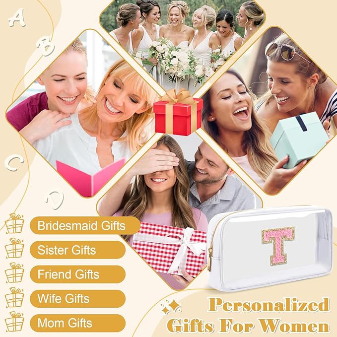 Personalized Initial Letter Clear Makeup Bag,Preppy Small Nylon&PVC Cosmetic Zipper Bag with Chenille Letter,Travel Skincare Toiletry Bag,Monogram Christmas Gift for Teen Girls Women,T