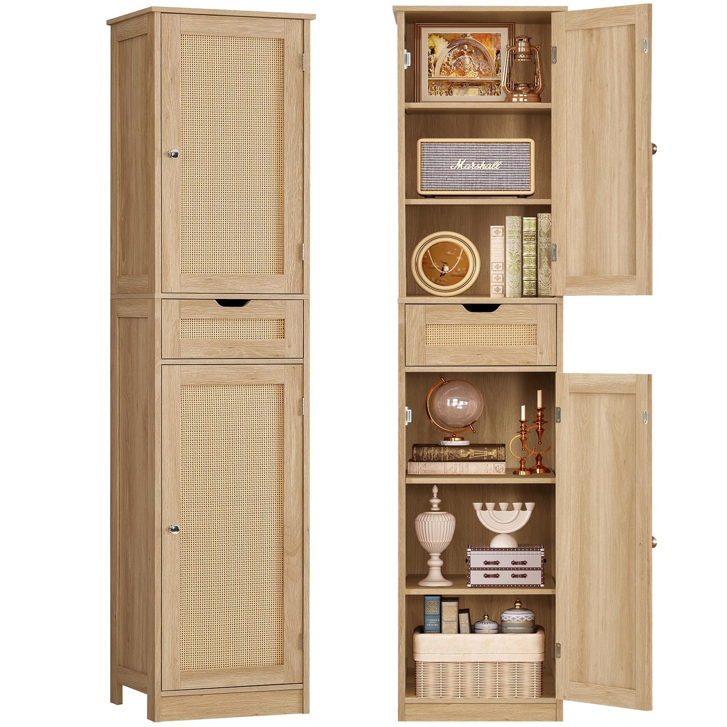 TEENFON 67" H Tall Storage Cabinet with 2 Rattan Doors and 1 Drawer, Narrow Rattan Cabinet with Adjustable Shelves, for Living Room, Entryway, Kitchen, Natural