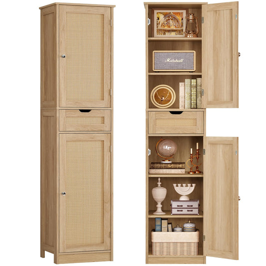 TEENFON 67" H Tall Storage Cabinet with 2 Rattan Doors and 1 Drawer, Narrow Rattan Cabinet with Adjustable Shelves, for Living Room, Entryway, Kitchen, Natural