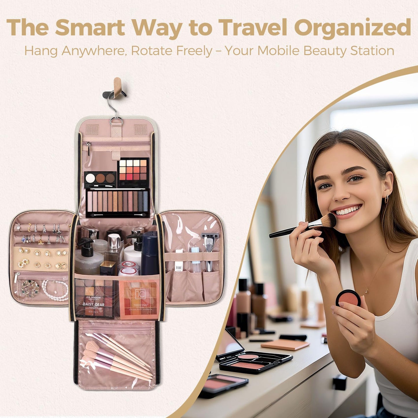 TBTOTRA Hanging Toiletry Bag & Makeup Bag for Women with Jewelry Organizer - TSA Approved Large Capacity Travel Cosmetic Organizer, Waterproof Shower Essentials Case with Transparent Pockets, Beige
