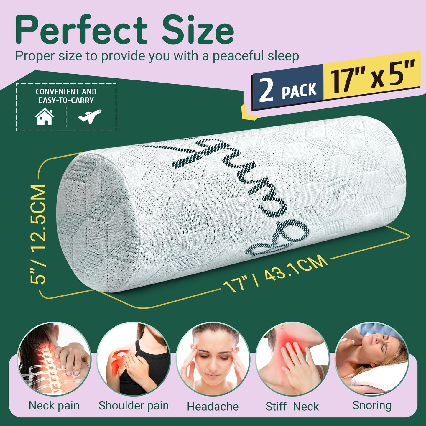 Cervical Roll Pillow, Cylinder Neck Pillow with Removable Washable Cover