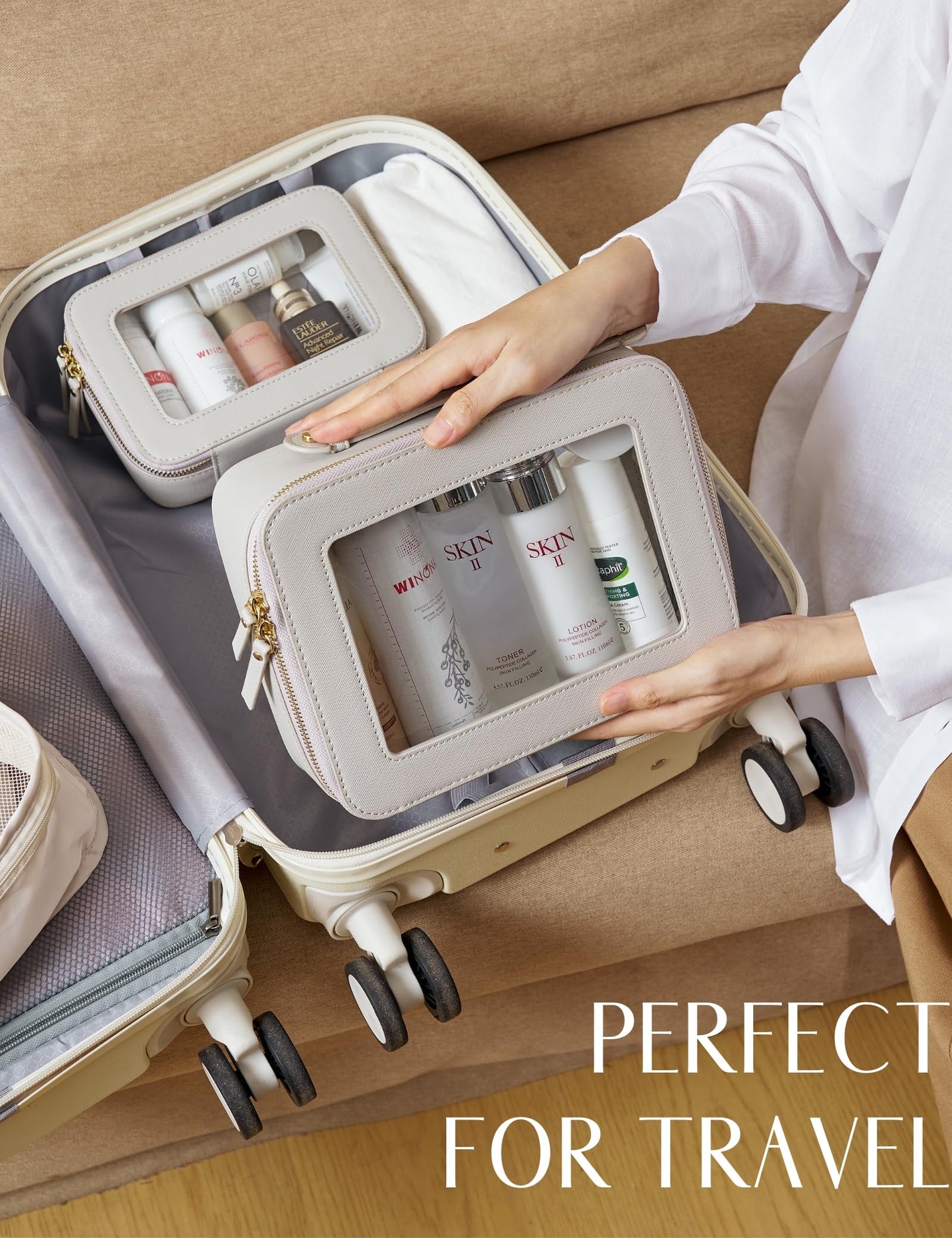 Popvibe Clear Makeup Bag Toiletry Case Travel Transparent Cosmetic Bag with Zipper, Portable Make Up Organizer Traveling Compact Car Bag for Essentials, Beige Grey