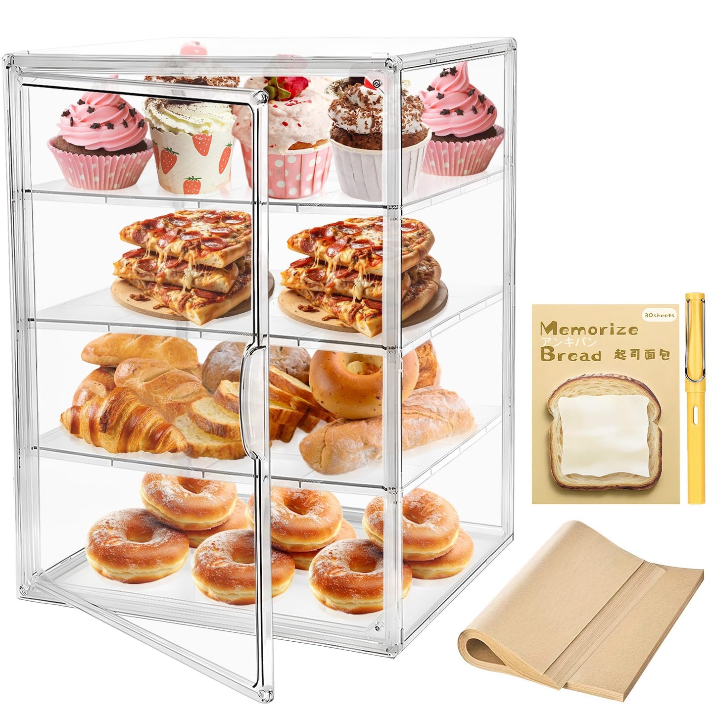 Pastry Display Case,Large Bakery Cookie Display Stand for Kitchen Countertop,4 Layers Adjustable Clear Bread Storage with Magnetic Door Bread Box and Cupcake Kitchen Counter 15.5x11.4x9.8 Inch