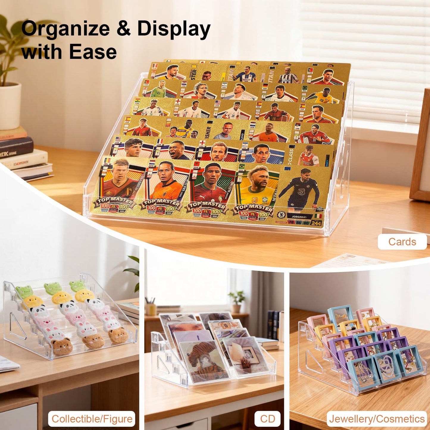 DUNPUTE 5 & 7 Tier Trading Card Display Stand, 12" Clear Acrylic Card Stands for Display, versatile Card Stands for Sports Cards, Graded & Greeting Cards, Postcards, Vendor Stickers, with Snap-On Assembly (Tall 5 Tier)